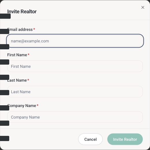 Step 2: the Invite Realtor form with fields for the agent's email, name and company